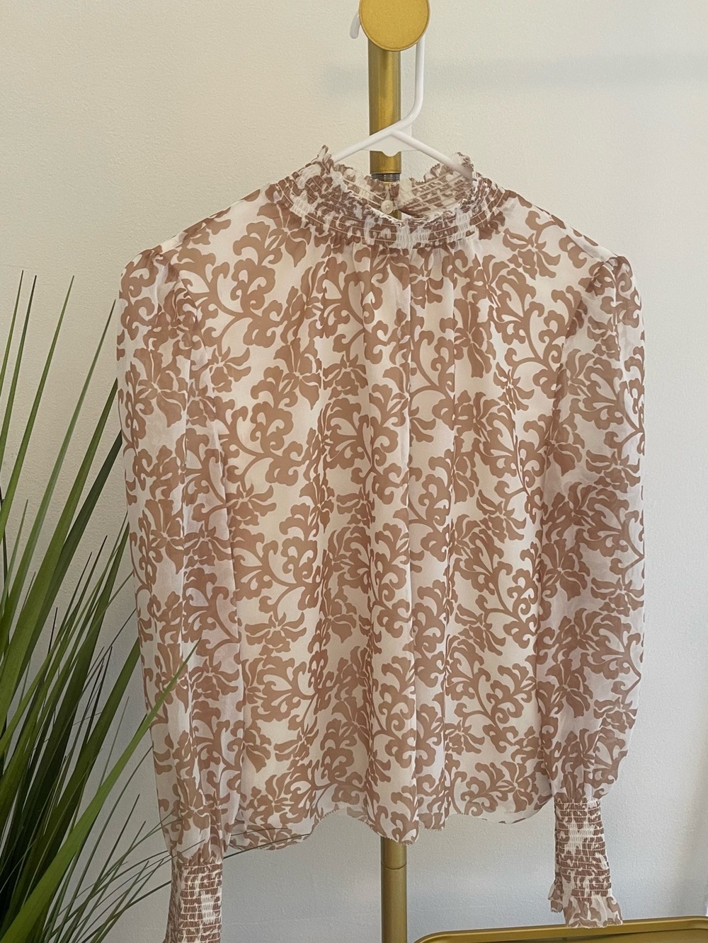 Aritzia Cream Blush Floral Smocked-Neck Blouse